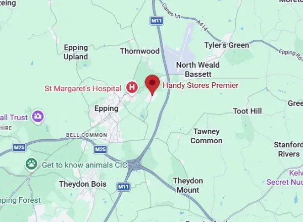 Map showing Epping Forest Convenience Store near the M11 and Epping