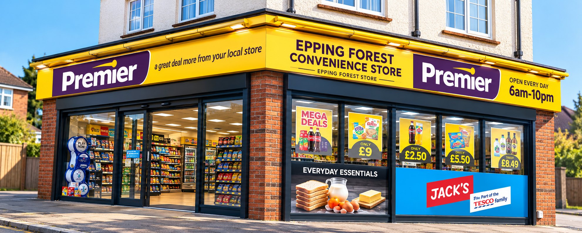 Epping Forest Convenience Store, a Premier shop with a yellow fascia, open every day 6am to 10pm